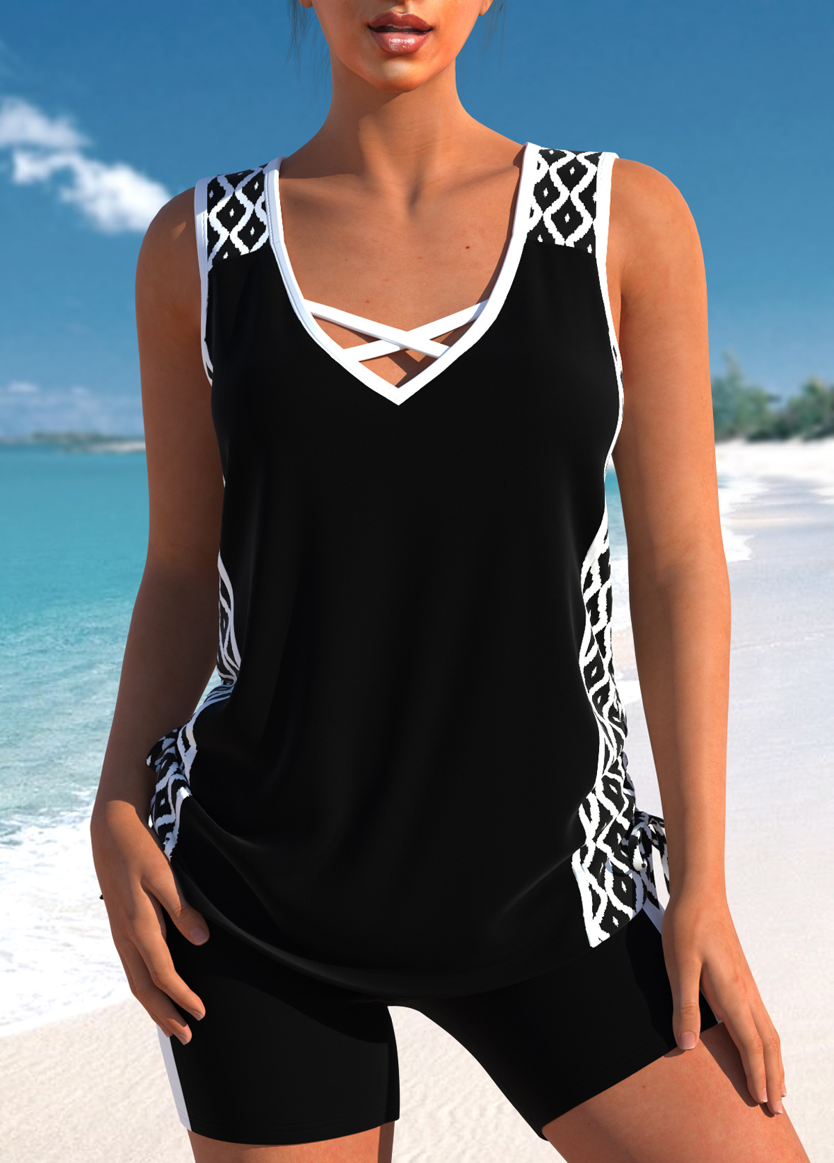 Contrast Binding Mid Waisted Geometric Print Tankini Set