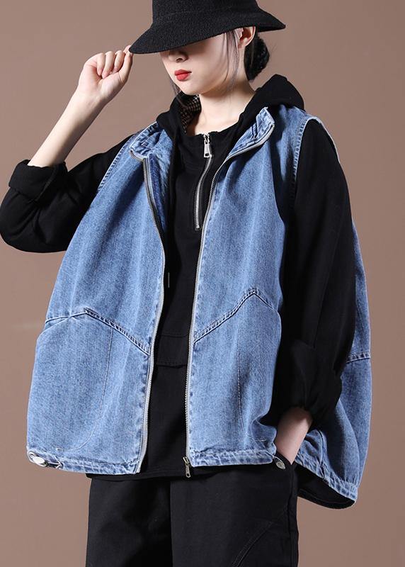 2021 Drawstring Zipper Wash Blue Stand Collar Vest